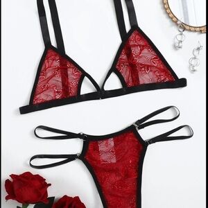 Red & Black Mesh Sheer Bra & Thong Lingerie Set